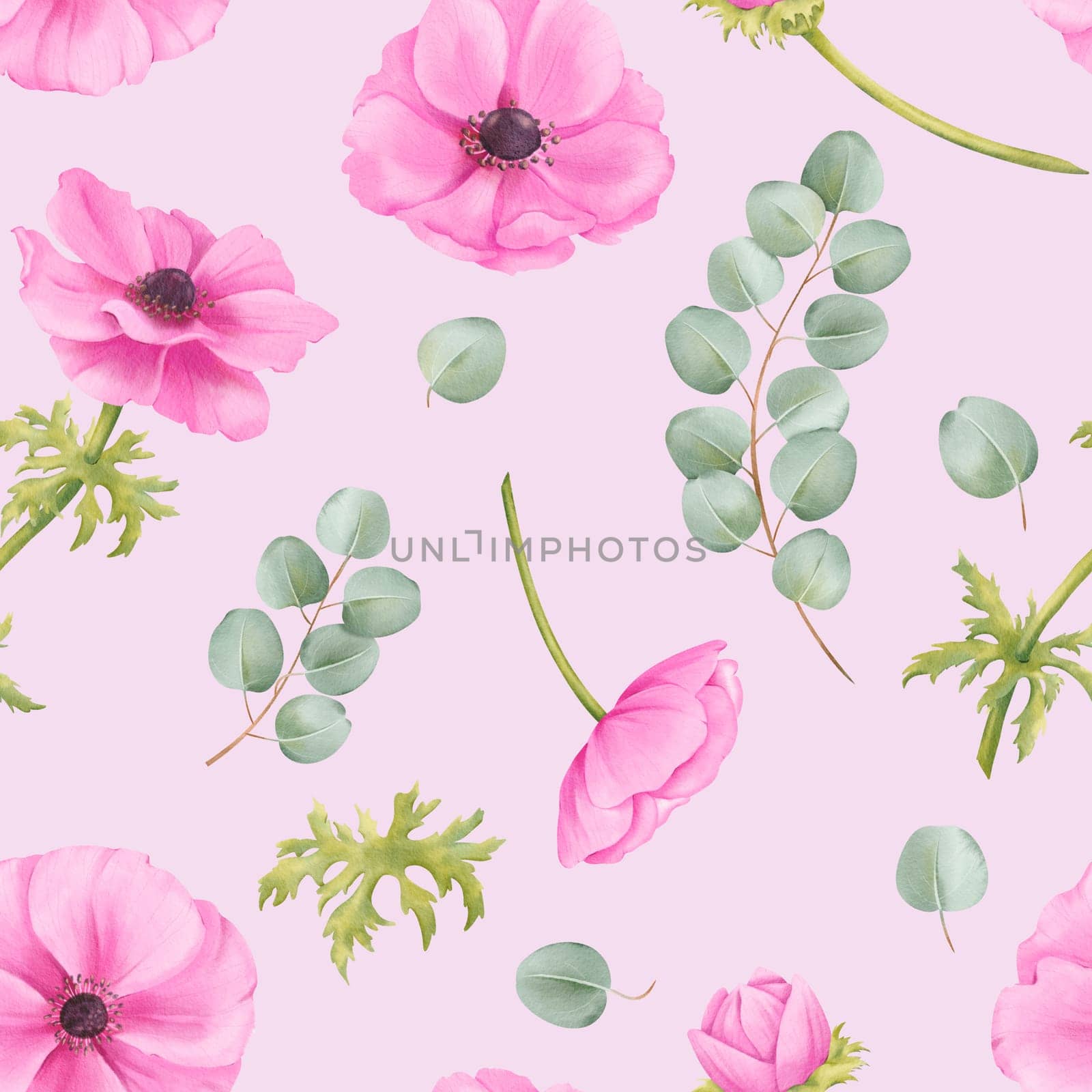 Seamless pattern on a pink background. Pink watercolor anemone flowers, greenery, eucalyptus leaves. Perfect for wallpapers, textiles, stationery, and packaging designs.