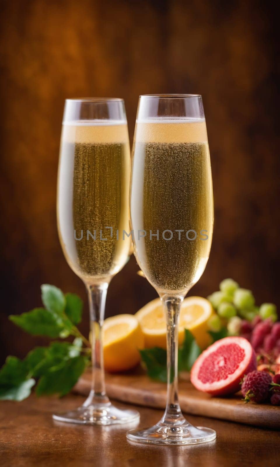 Two glasses of champagne with rose and champagne bottle on wooden background