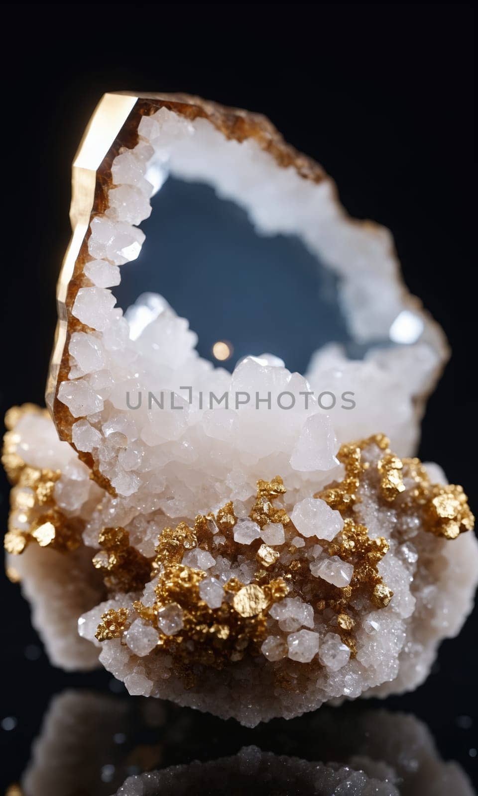 Macro image of crystal quartz on black background with bokeh.