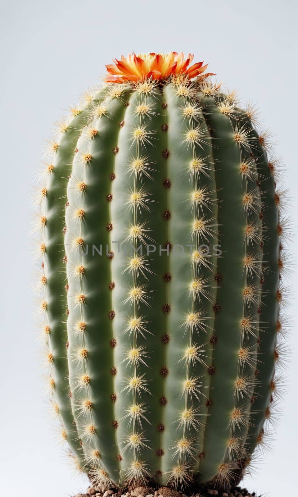 Cactus with yellow flower in pot on white background. Close up