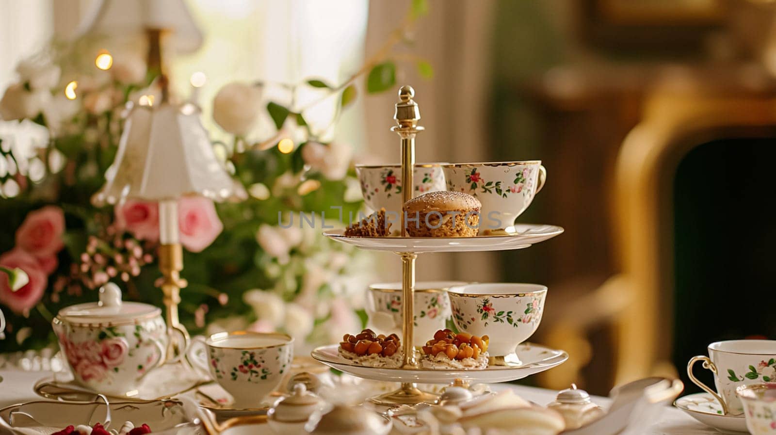 Elegant table setting for tea party with cakes and cupcakes in English manor. Selective focus. Vintage style