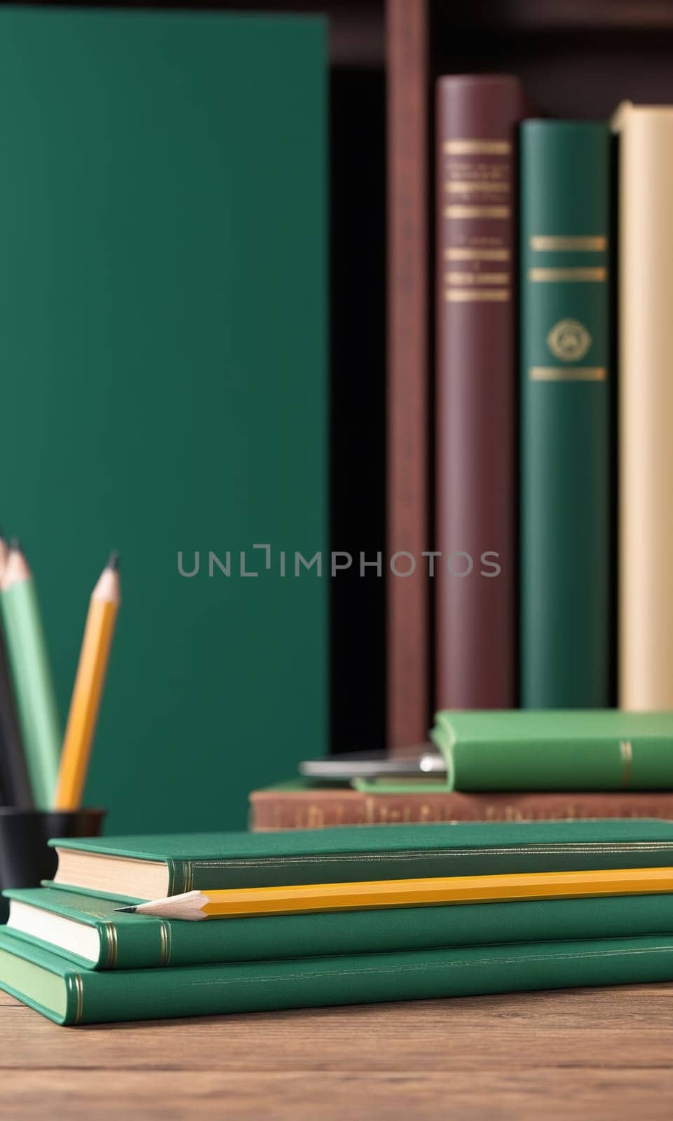 Pencils and notebooks on wooden table against green chalkboard background.