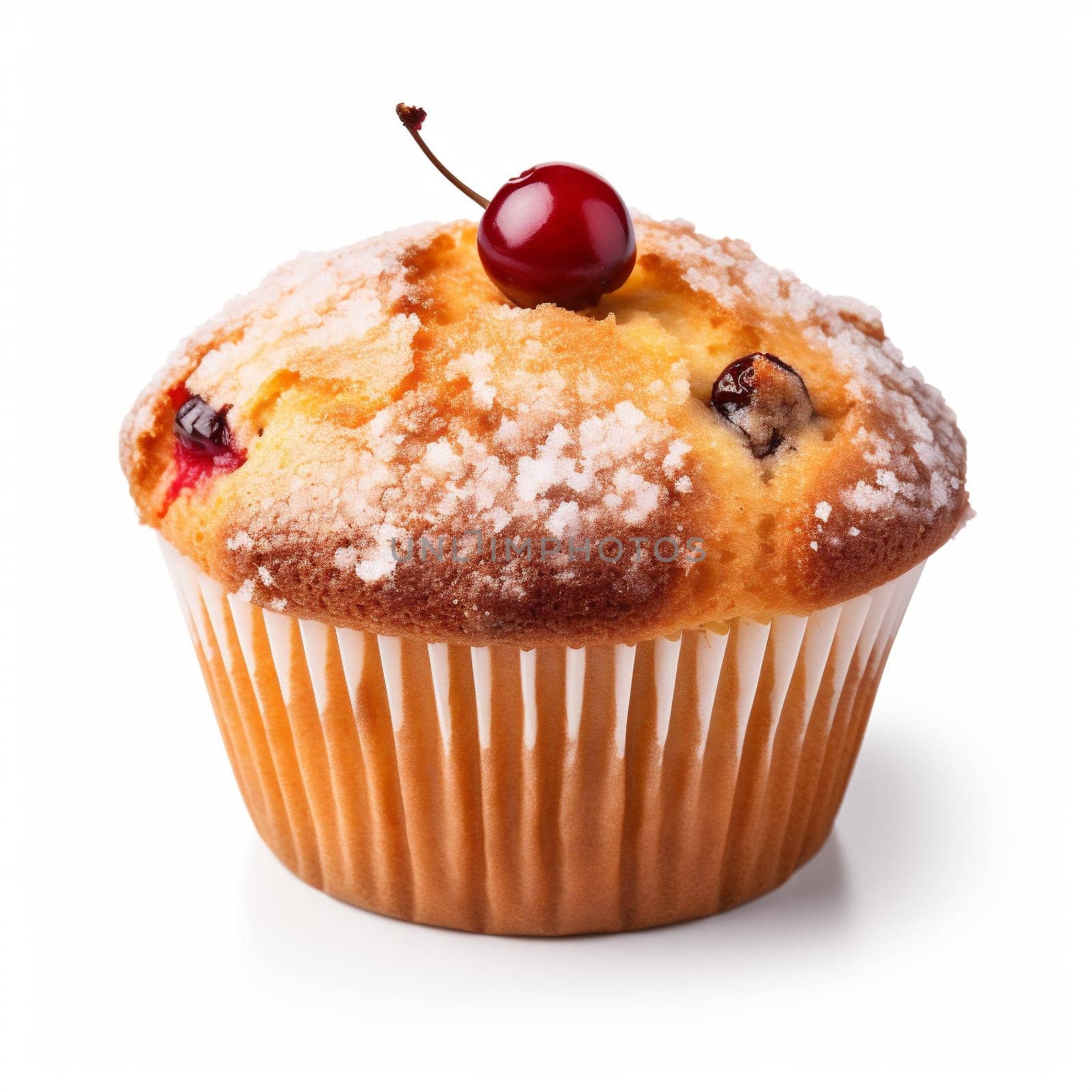 Fresh Baked Single Muffin Isolated on White Background. Muffin with Chocolate Chip and Cherry in a Paper Muffin Cup.