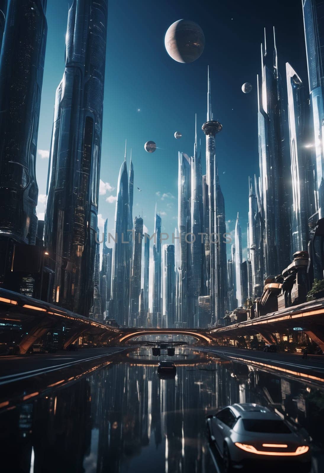 Futuristic view of the city of the future. Future metropolis concept.