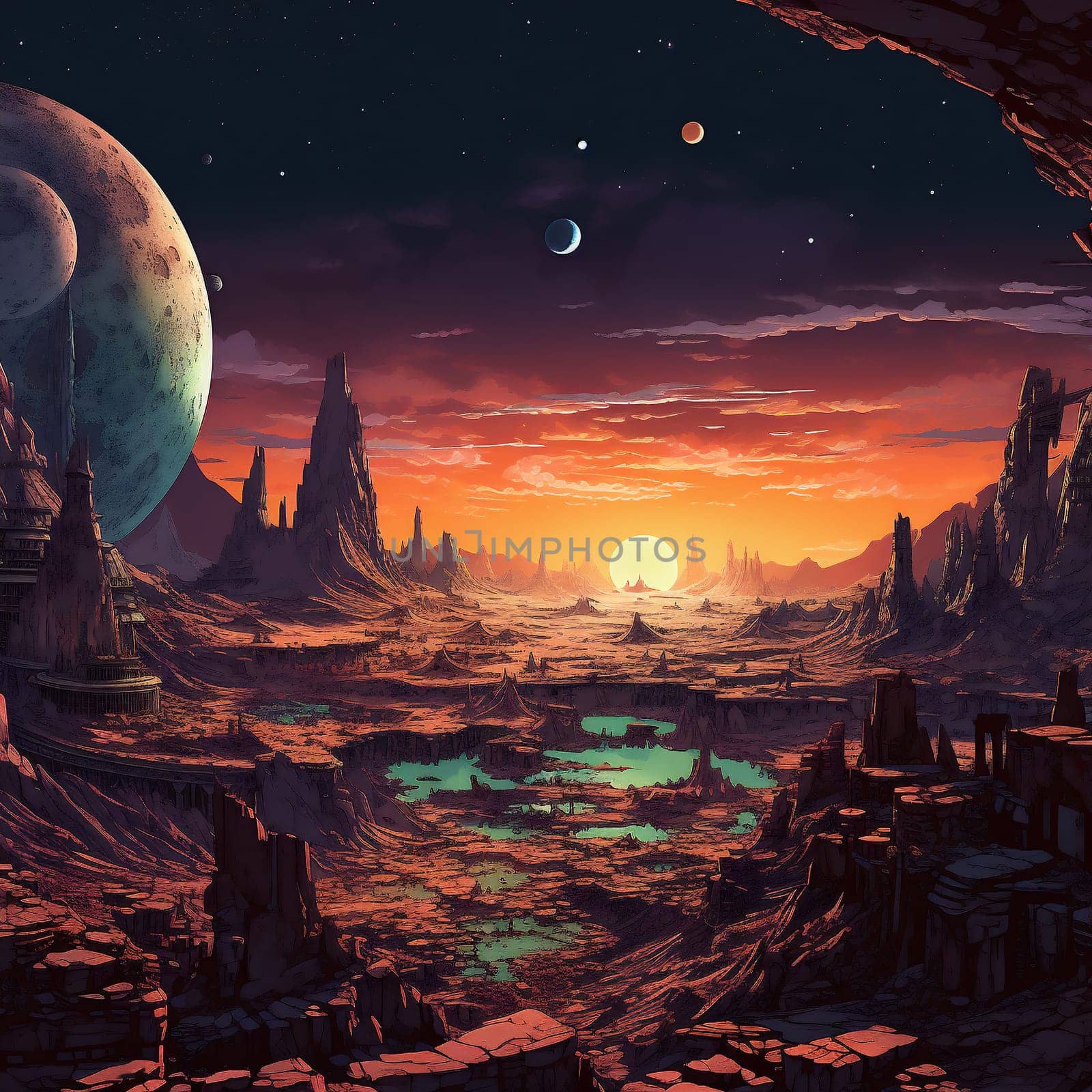 Space background, World collapse, Doomsday Scene Concept Illustration. Video Game's Digital CG Artwork, Concept Illustration with Ruins. Destroyed City against the Backdrop of Sunset. Huge Yellow Sun in the Red Sky,