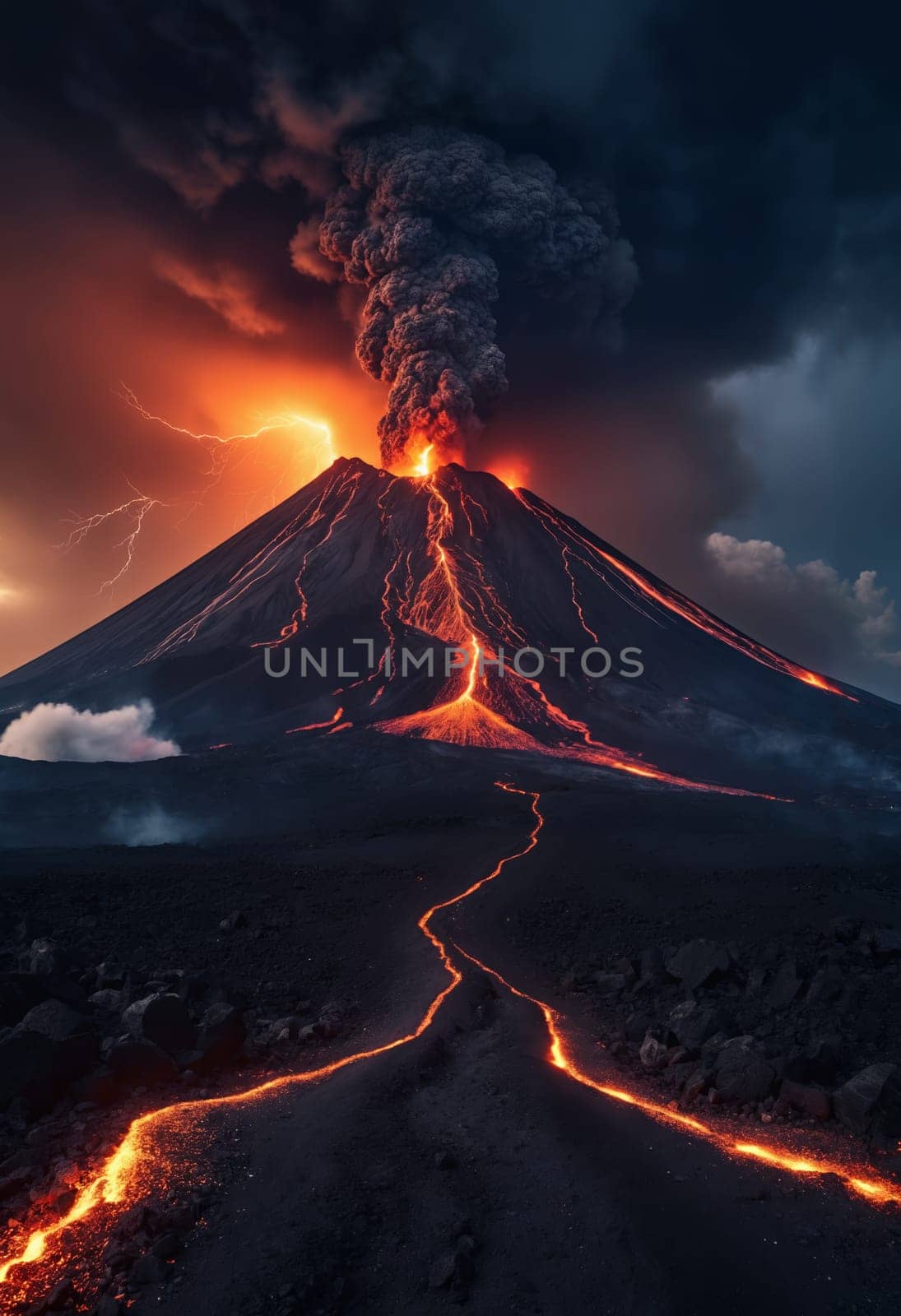 Strong volcanic eruption at night. Large column of smoke and flowing lava.