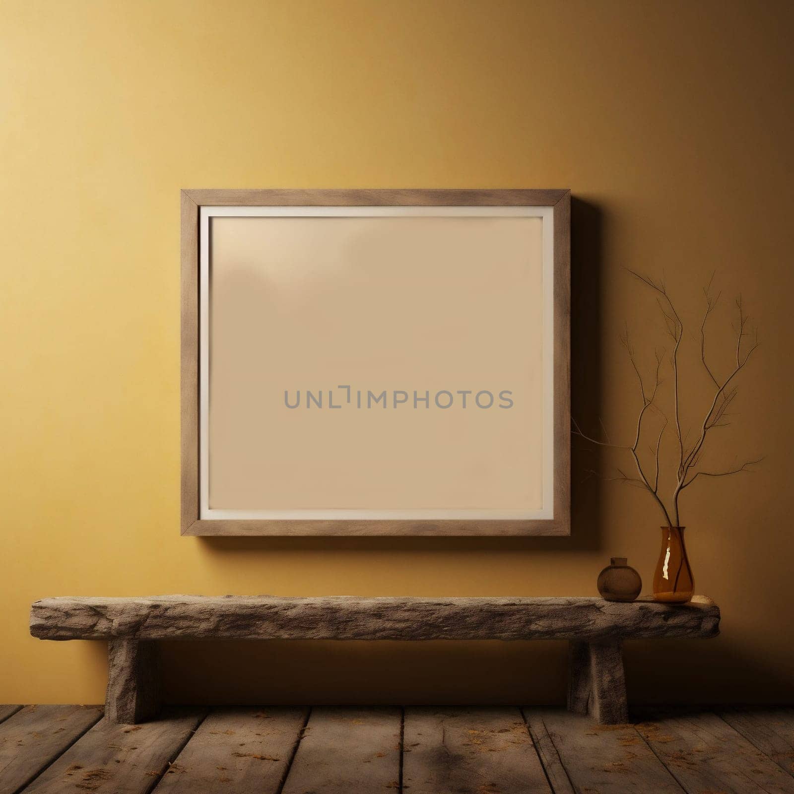 Poster Frame Design Ttemplate for Exhibition or Advertising. Picture Frame Mock Up on Brick Wall. Mockup Poster Frame with Ethnic Decor Close up in Loft Interior. Boho Beige Livingroom with Twigs in a Vase and Picture Frame Background.