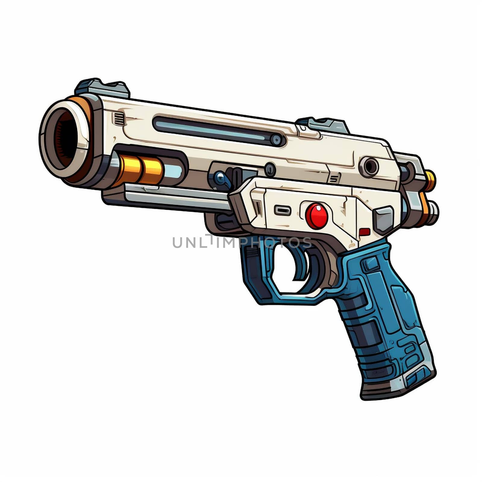 Illustration of Sci-Fi Futuristic Weapon Isolated on White Background. Science Fiction Military Laser Gun. Concept Design of High-Tech Assault Rifle with Blue and White Color Metal. Side View.