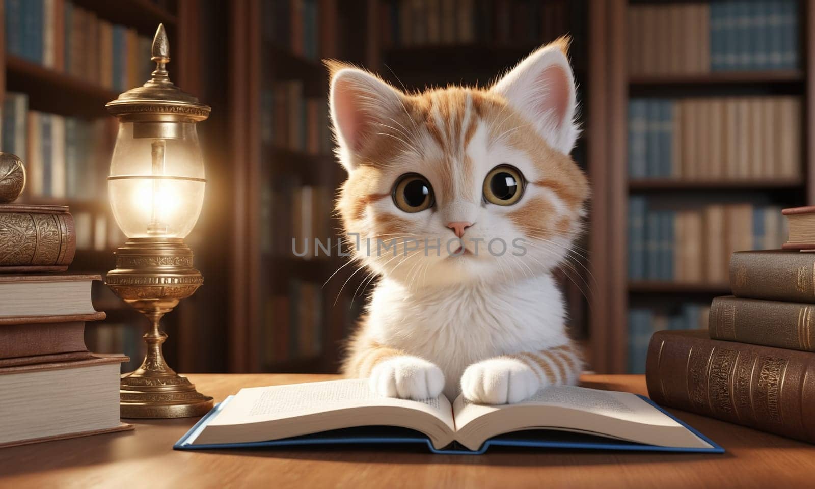 Cute cat reading books in the library, close-up by Andre1ns