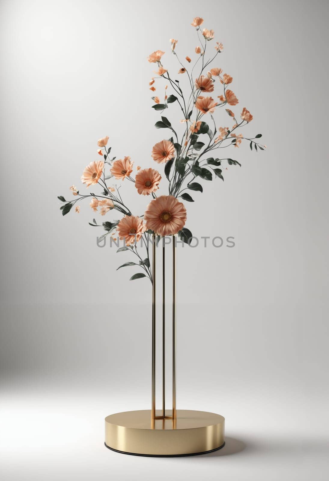 3d render of white round podium with pink roses and green leaves.