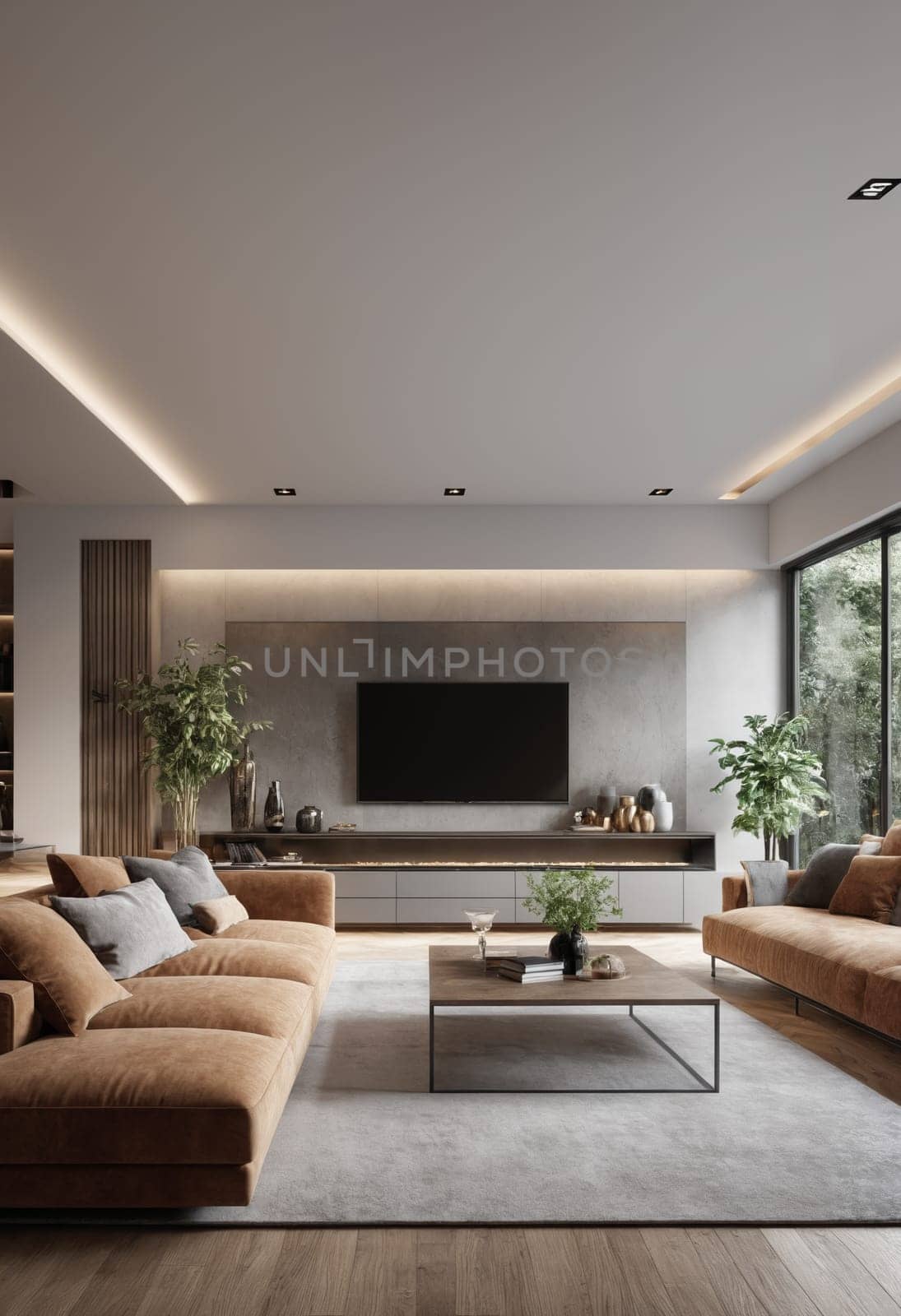 interior of modern bright living room with grey sofa 3d render.
