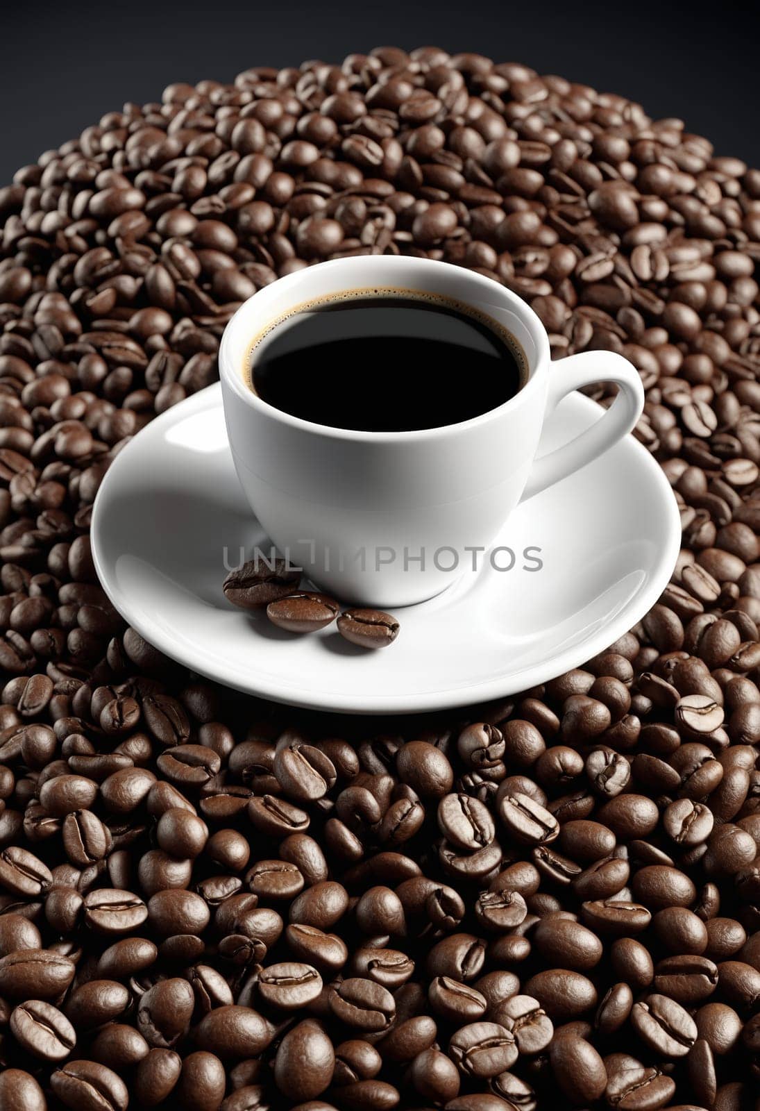 Cup of coffee with coffee beans on a black background, close up.