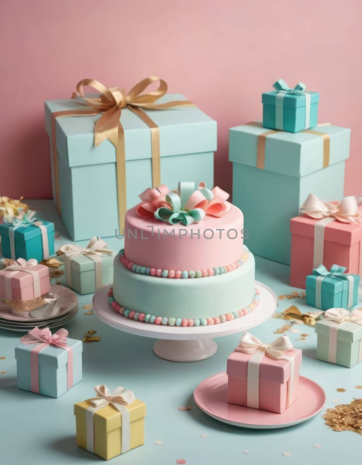 Birthday celebration with cake, balloons, and gifts. A joyous occasion with a decorated cake, colorful balloons, and wrapped presents. by Matiunina