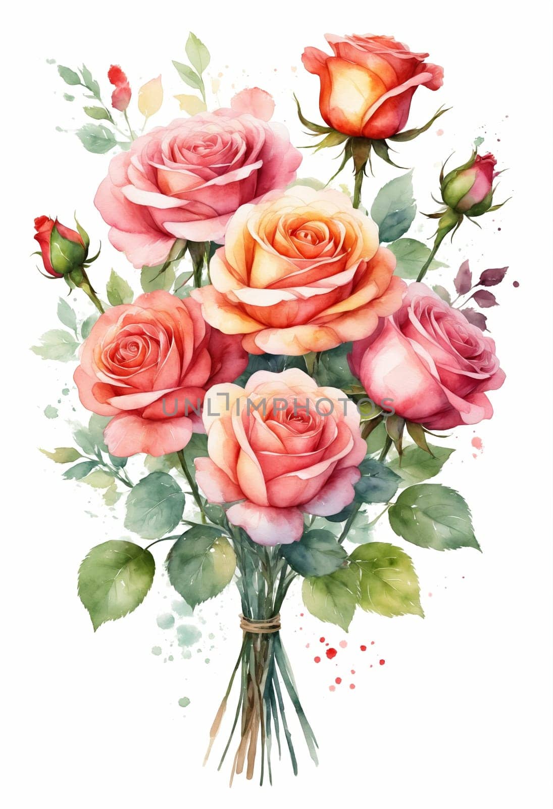 Watercolor bouquet of roses. Hand painted illustration isolated on white background.