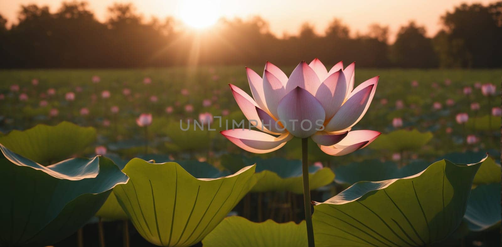 Beautiful lotus flower blooming in the pond at sunset. by Andre1ns