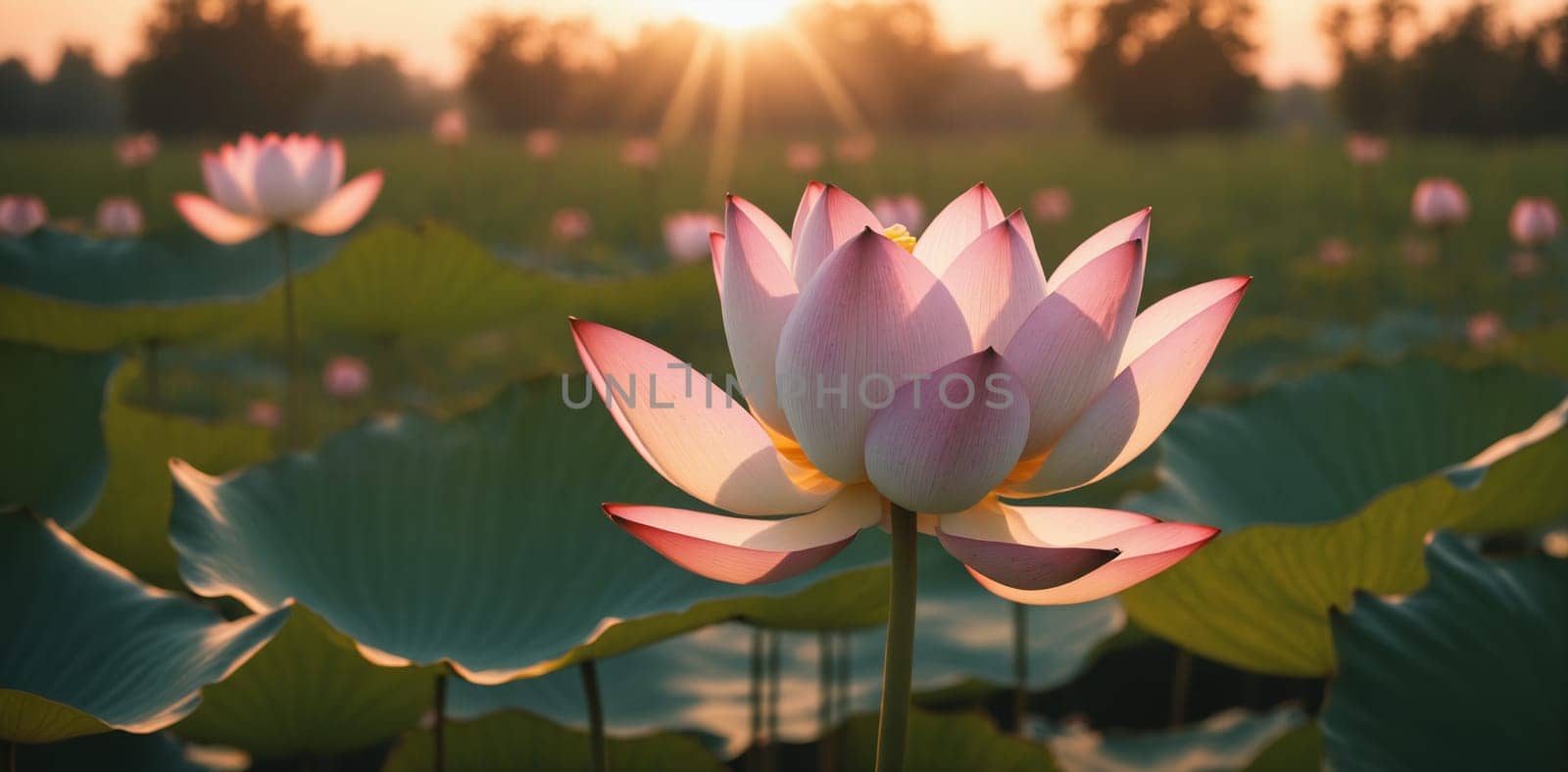 Lotus flower blooming in the pond at sunset, Thailand