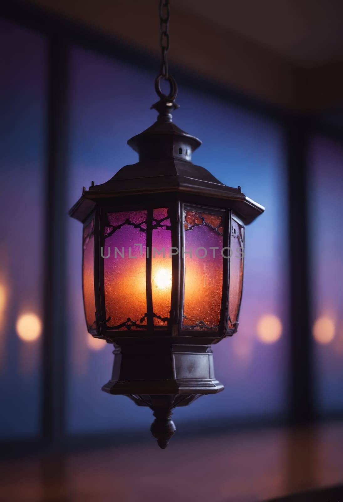 A wooden lantern with an amber candle inside is suspended from the ceiling, casting a warm glow and emitting heat in the room