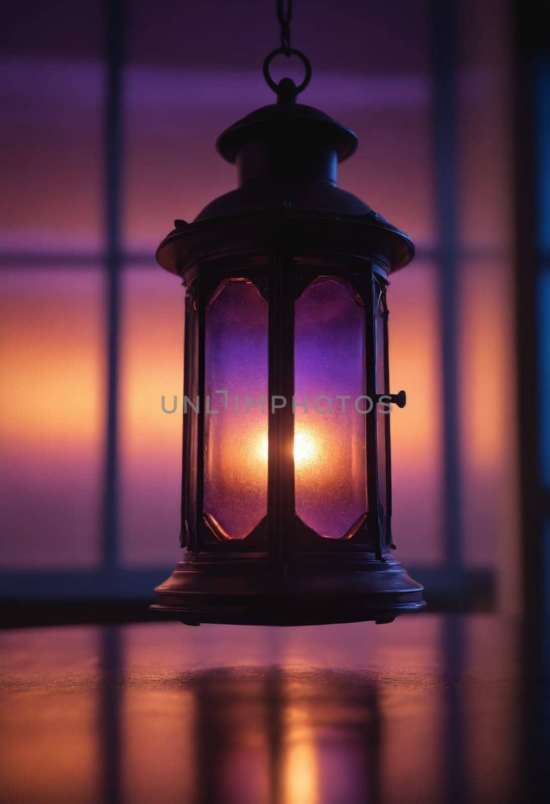 A wooden lantern with an amber candle inside is suspended from the ceiling, casting a warm glow and emitting heat in the room