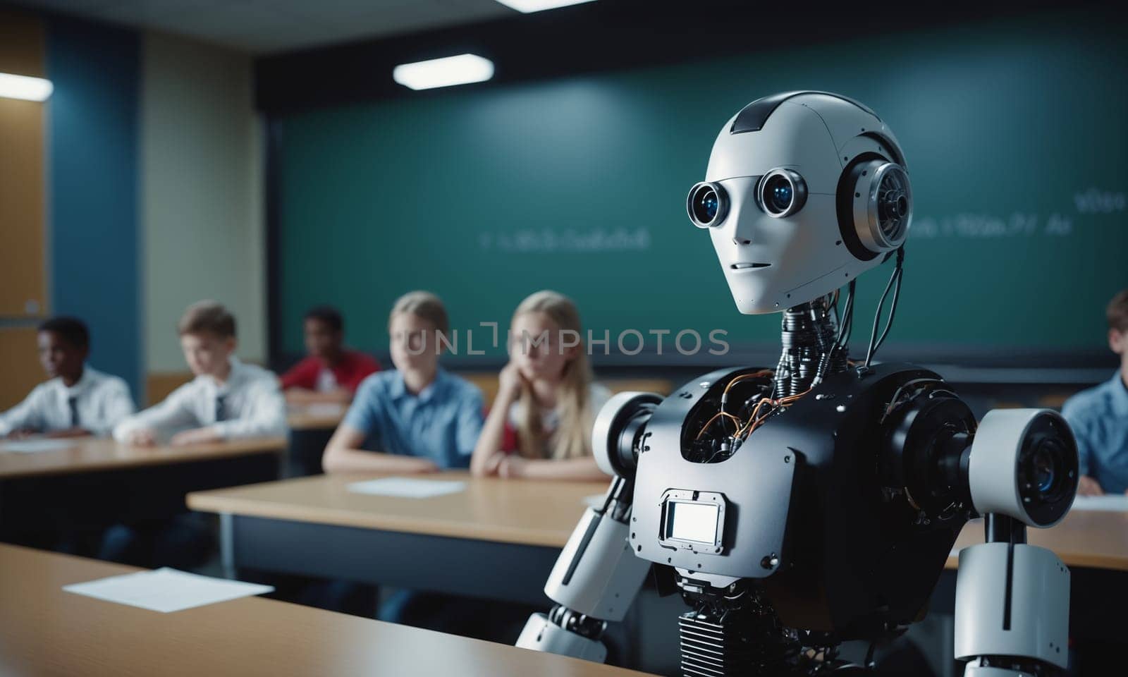 A machine resembling a robot is stationed at a desk in a classroom, surrounded by science students. Its metallic skull gleams under the classroom lights