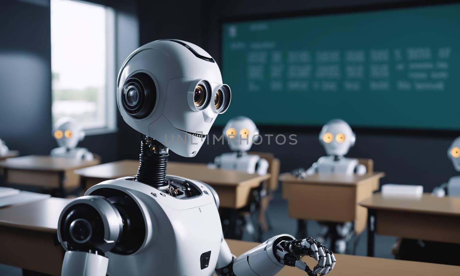 A robot is presenting in front of a classroom using Cameras optics and Electric blue lights. The Machine is discussing Engineering and Science topics with the group