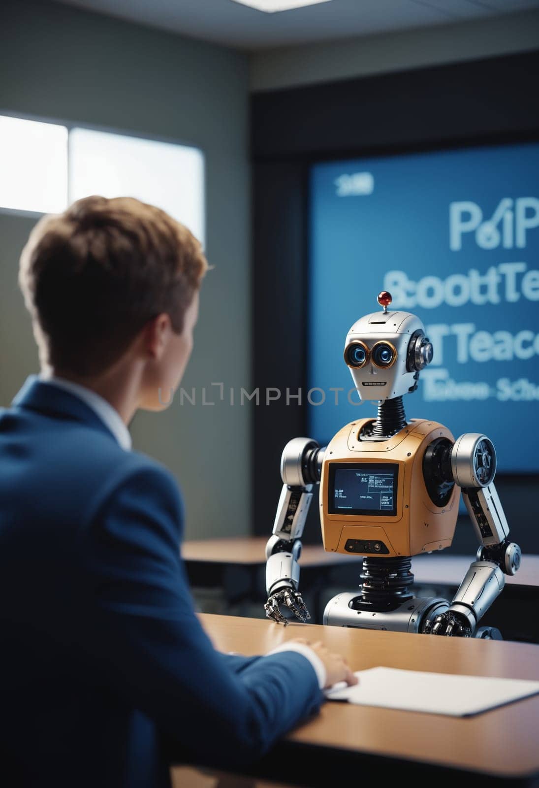 A man is conversing with a robot while seated at a table. The interaction involves office equipment, engineering, and a display device