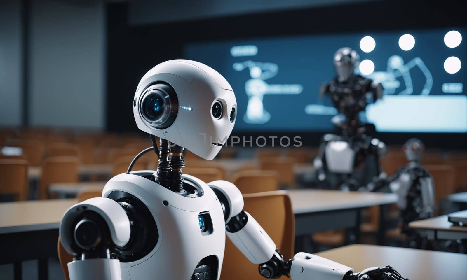 A robot is using a display device at a classroom desk by Andre1ns