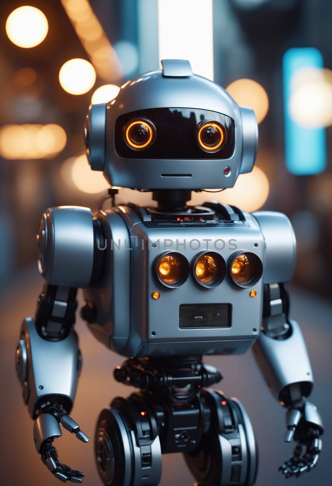 A fictional character robot, made of metal and electric blue in color, is standing on a city street at night. It looks like a toy from a science fiction movie