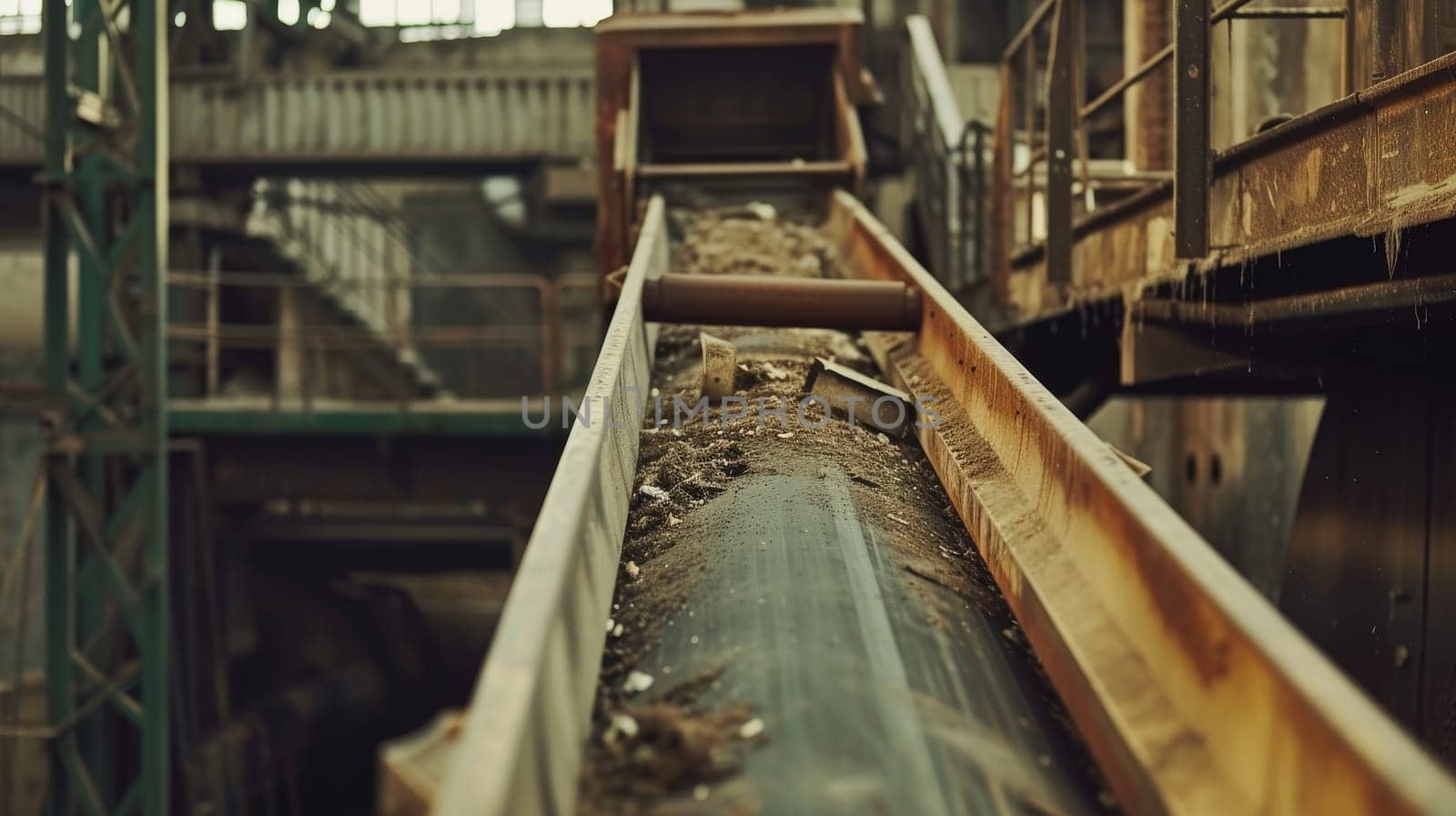 Conveyor belt transporting mixed waste inside a recycling facility with a yellow background
