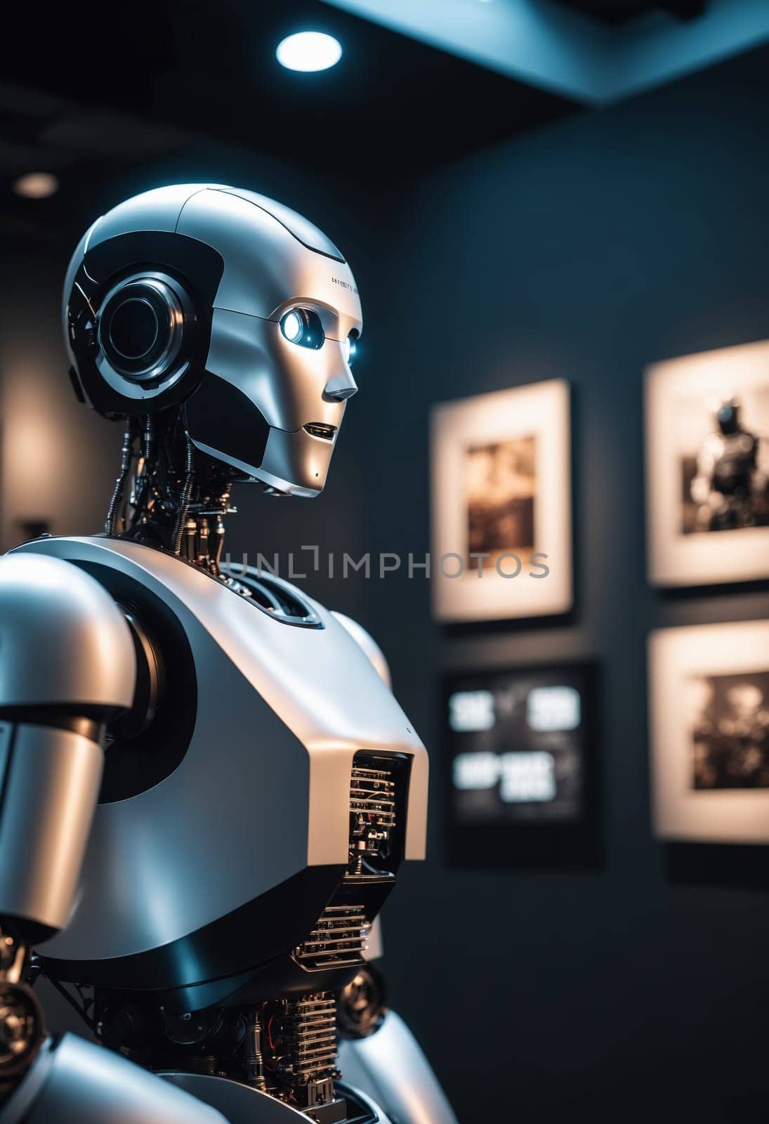 A robot is admiring the picture frame wall displaying fictional characters, composite materials, carmine hues, and automotive designs in an art event