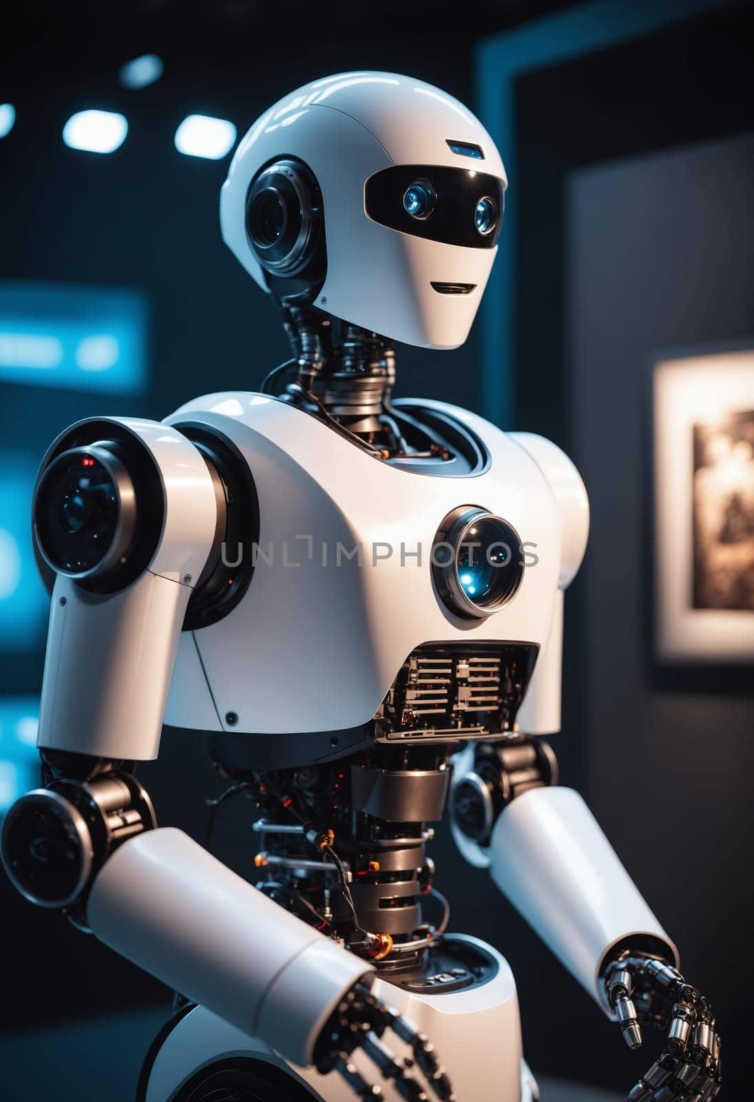 A robot is admiring the picture frame wall displaying fictional characters, composite materials, carmine hues, and automotive designs in an art event