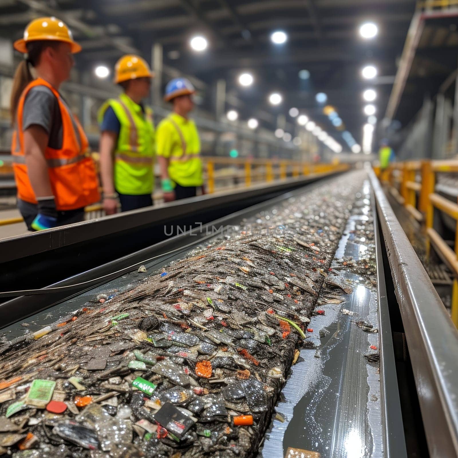 Group of workers in high visibility gear inspecting a conveyor belt laden with recyclable waste. by sfinks