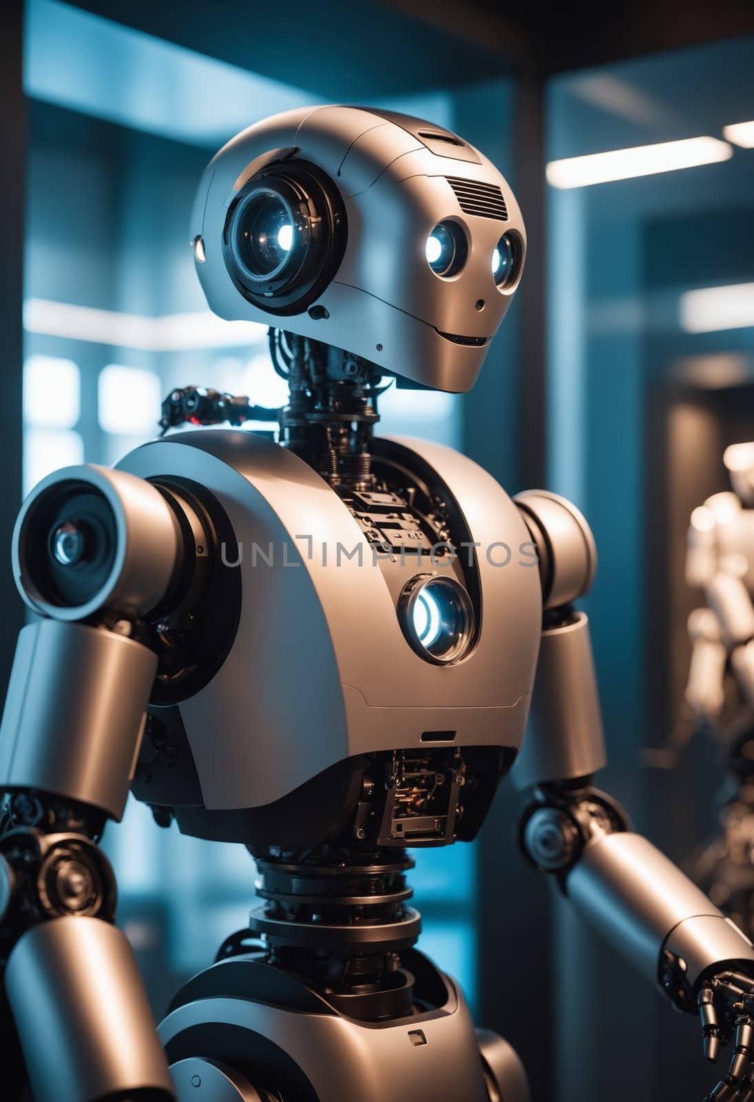 Close up of a collectable metal robot in electric blue color wearing headphones inside a museum. The fictional character looks striking against the darkness