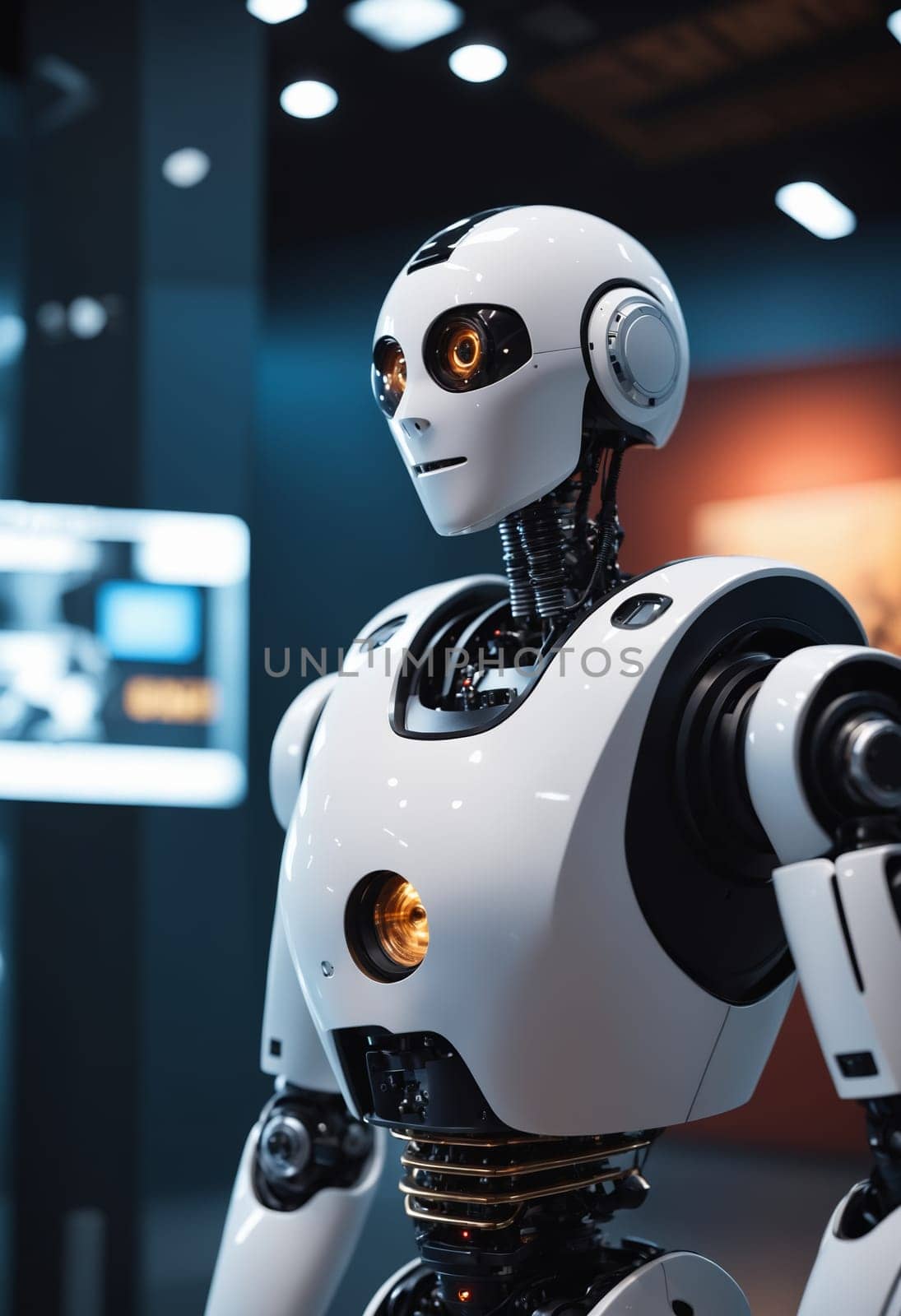 An automotive design robot resembling C3PO is depicted in a close up photo, wearing headphones. This fictional character showcases the fusion of machine and audio equipment