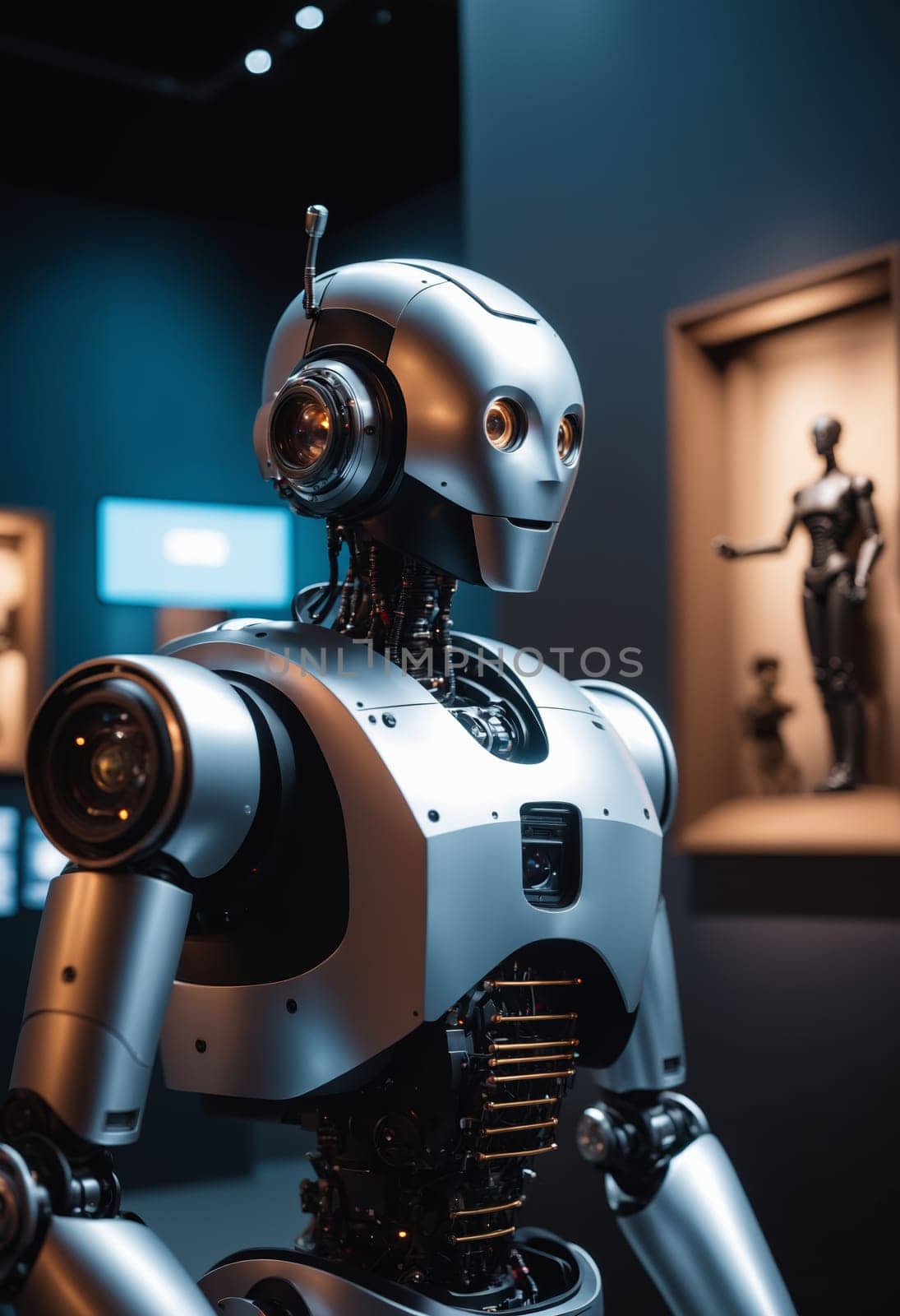 A fictional character in an electric blue robot costume is standing in front of a crowd at an engineering event. The metal robot art piece is equipped with audio equipment