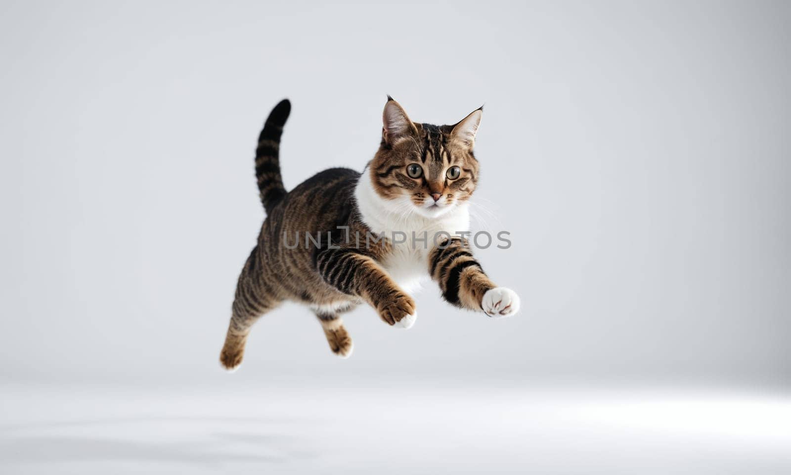 A Felidae carnivore leaps with agility in the air on a white background by Andre1ns