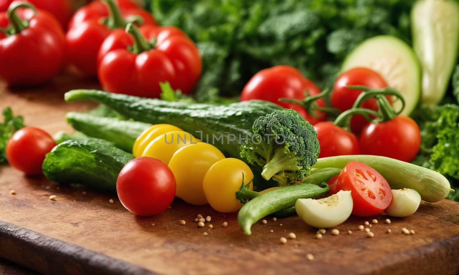 Food ingredients on a wooden cutting board including a variety of vegetables by Andre1ns