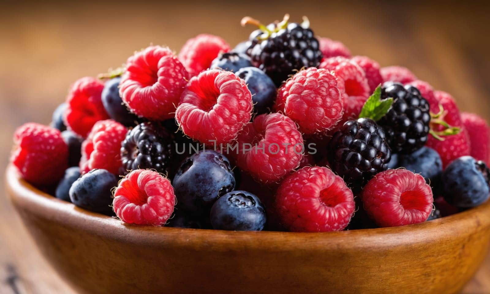 Wooden bowl with raspberries, blueberries, and blackberries on table by Andre1ns