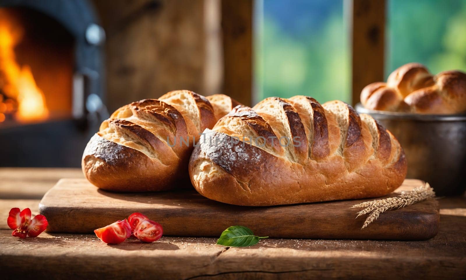 Two loaves of bread, a staple food, are resting on a wooden cutting board. They could be Cozonac, Challah, or any other baked goods waiting to be enjoyed as part of a delicious cuisine recipe