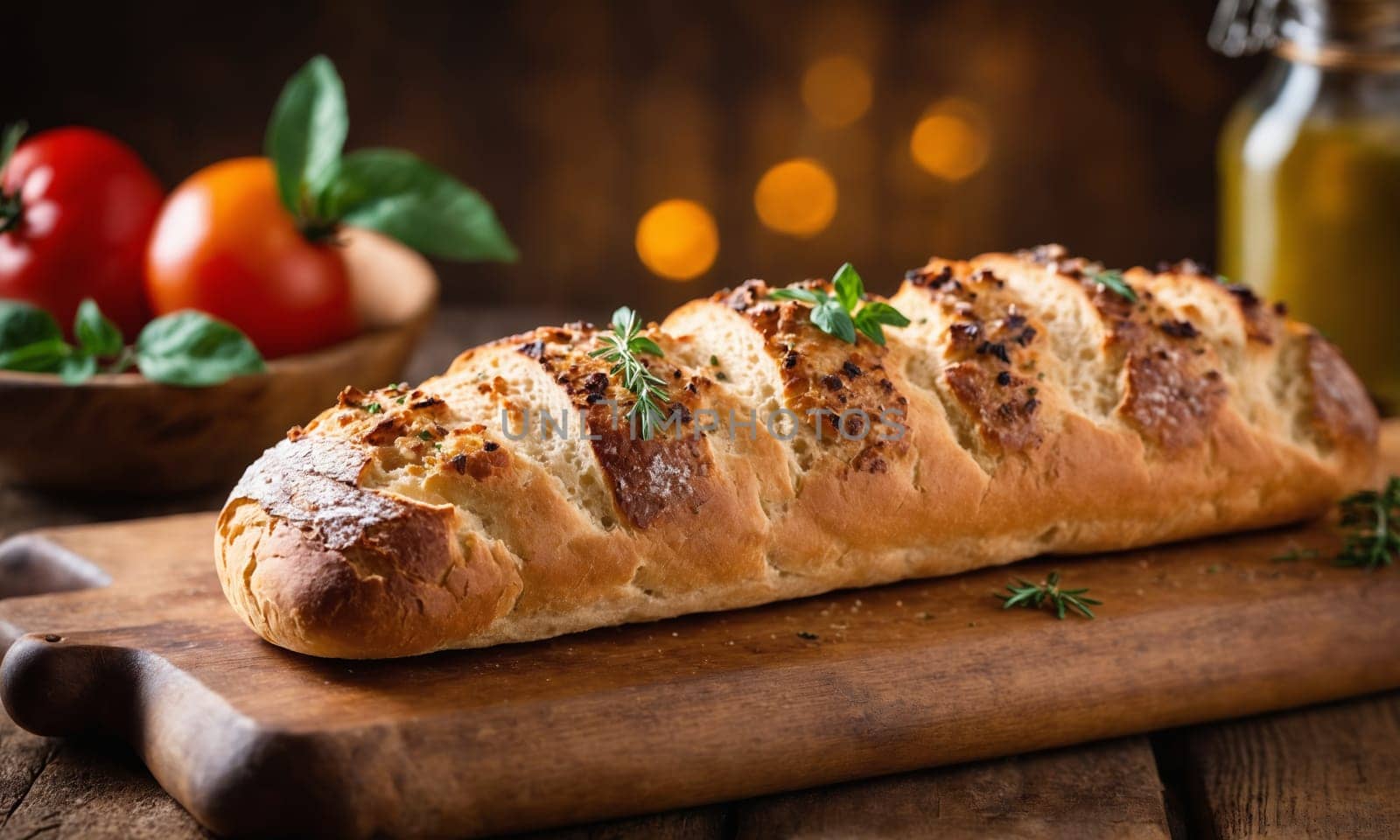 A staple food item, a loaf of bread is placed on a wooden cutting board. This food ingredient is essential in many recipes and is a popular baked goods item