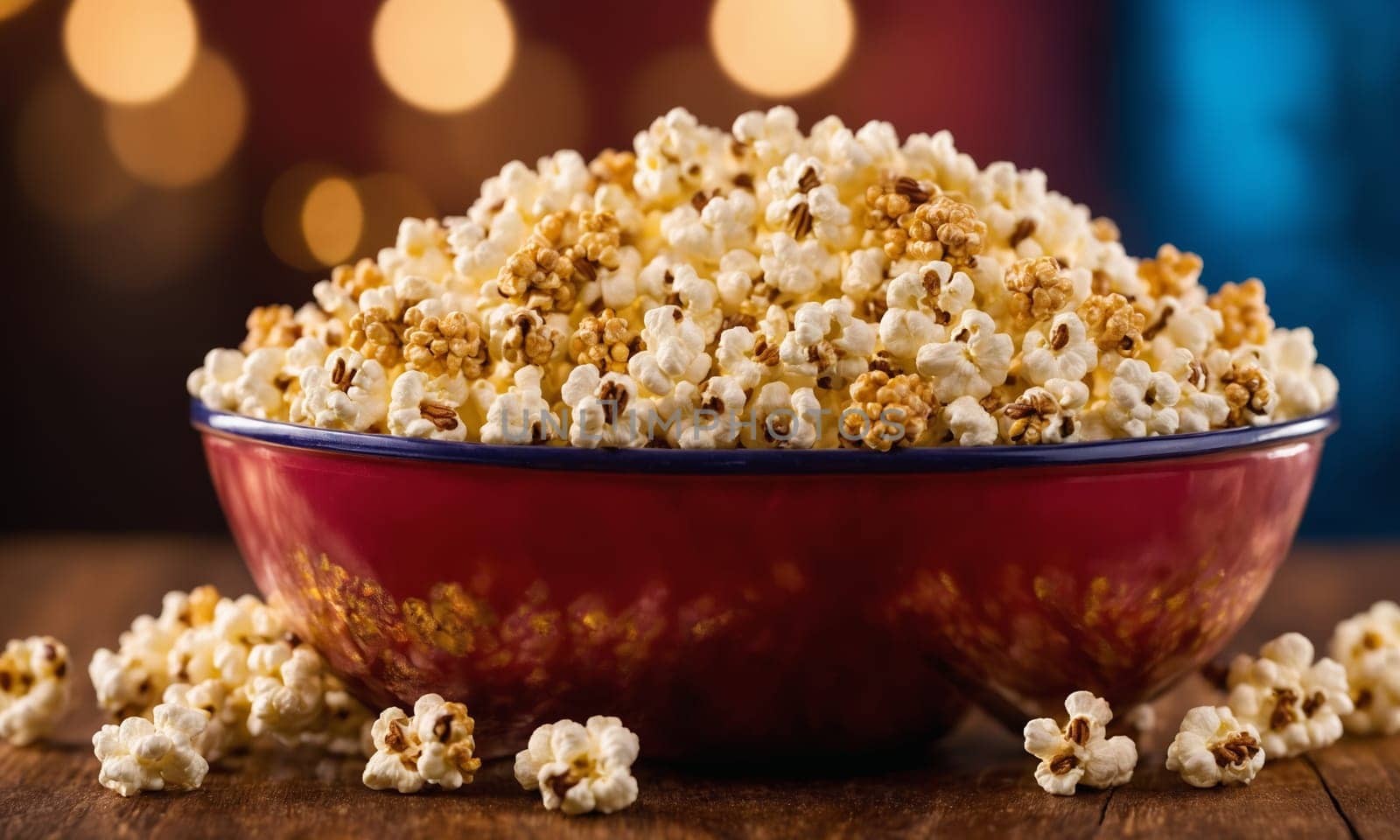 A bowl of kettle corn popcorn, a staple food and superfood, is placed on a wooden table, showcasing its delicious and crunchy texture