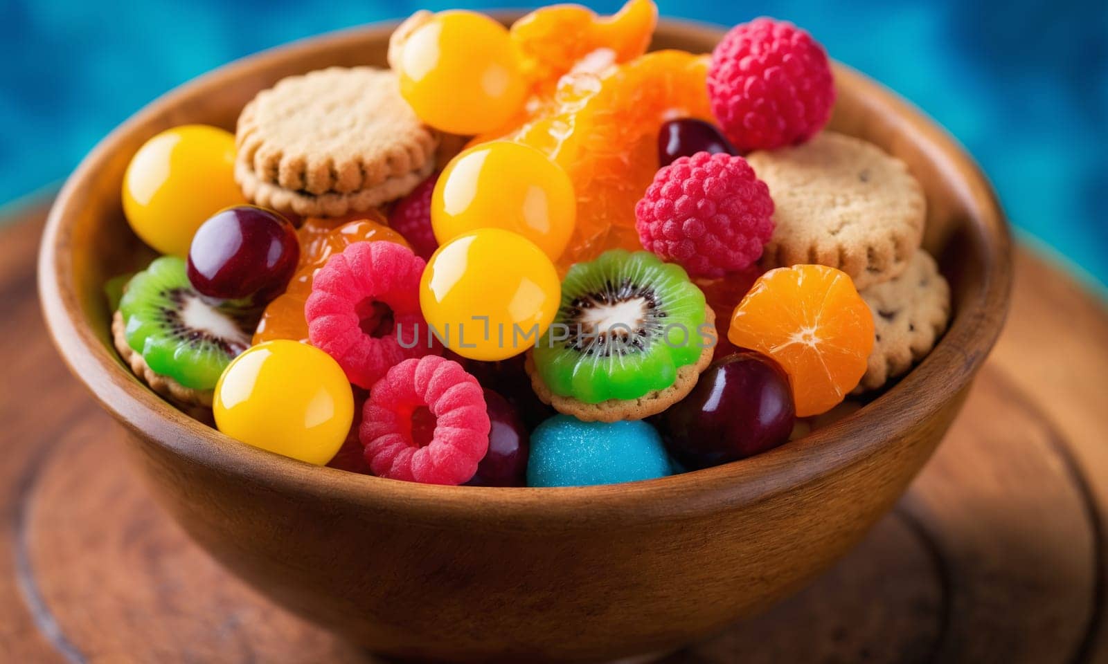A wooden bowl filled with a mix of fruit and cookies on a table by Andre1ns