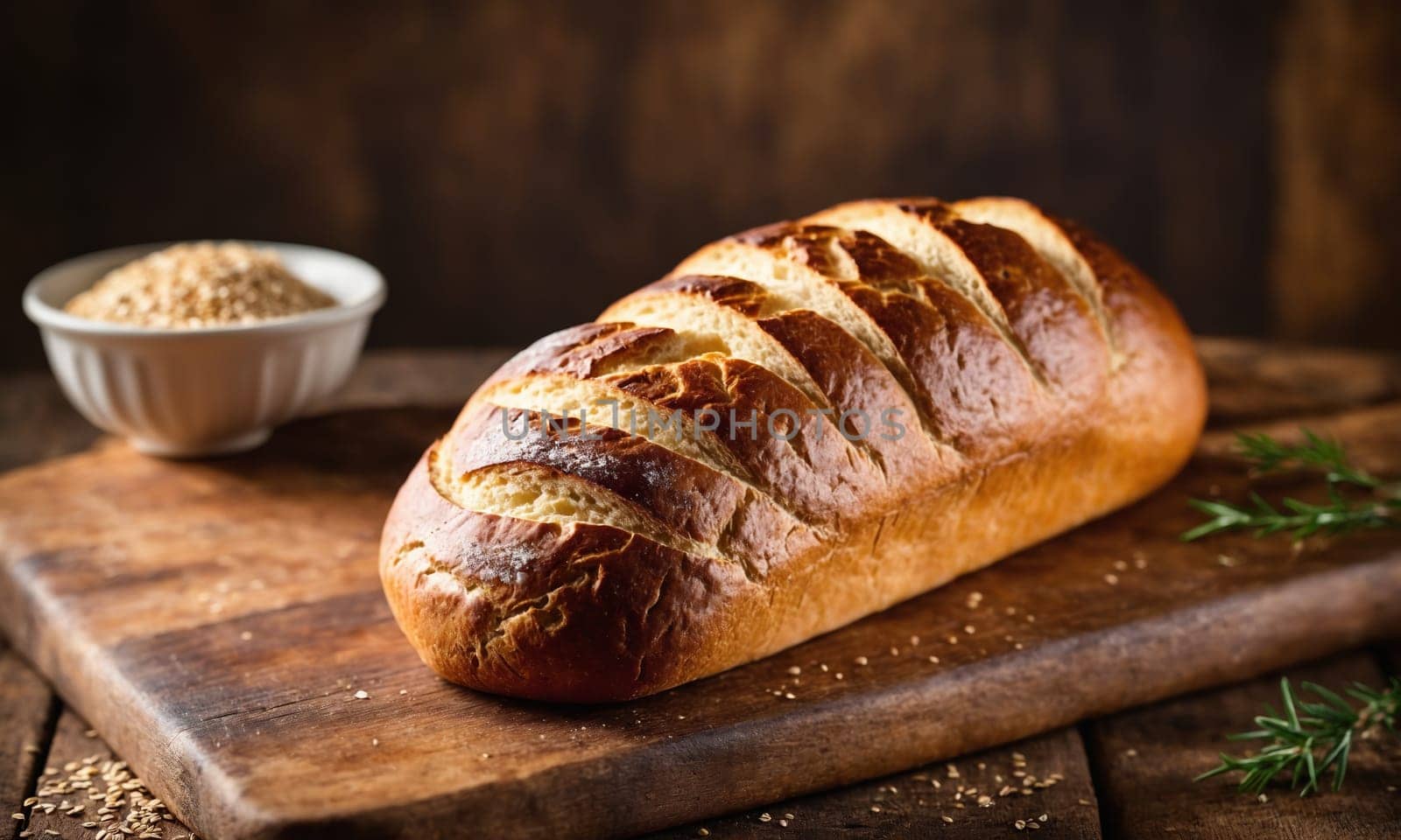 A staple food, a loaf of sourdough bread, is resting on a wooden cutting board. It is a key ingredient in many recipes and a popular choice for cooking
