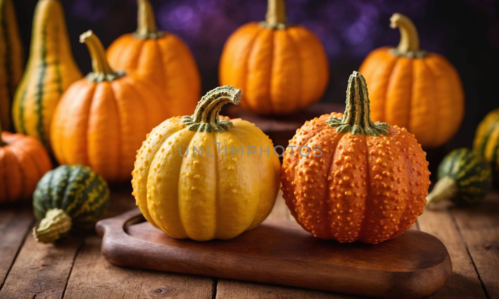 The table is adorned with a variety of pumpkins and candles, creating a cozy atmosphere. The orange winter squash and natural foods add a warm touch to the wooden table