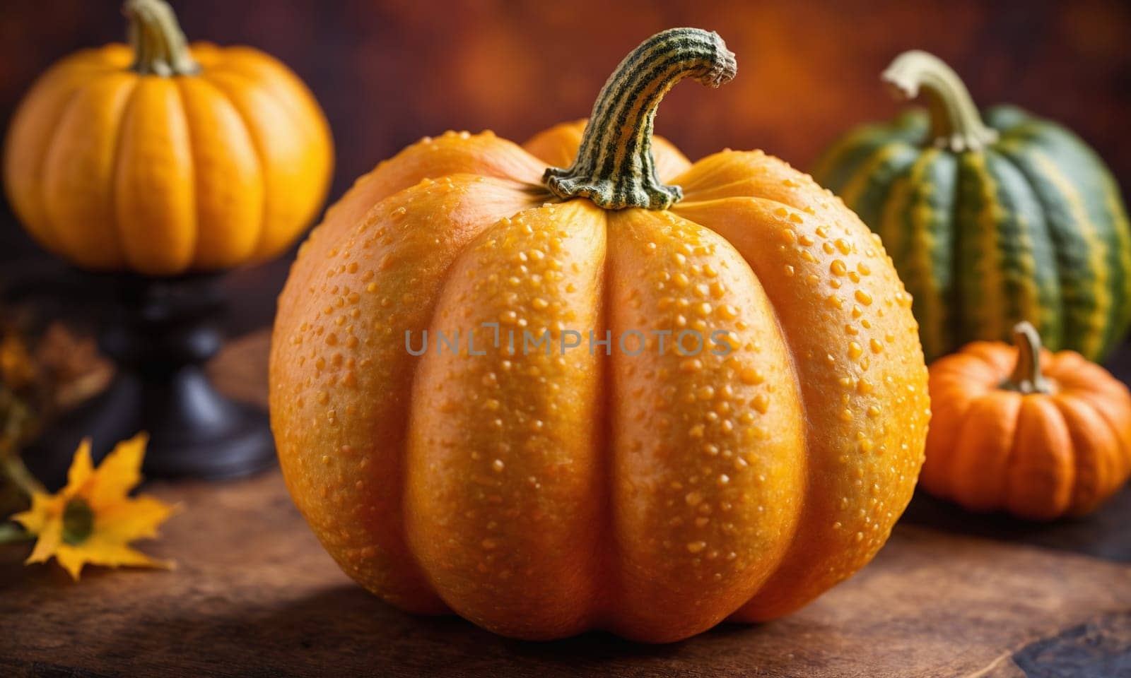 A cluster of ripe pumpkins, also known as calabaza, resting on a rustic wooden table. Considered a staple food, this winter squash is a type of gourd and a whole, natural food