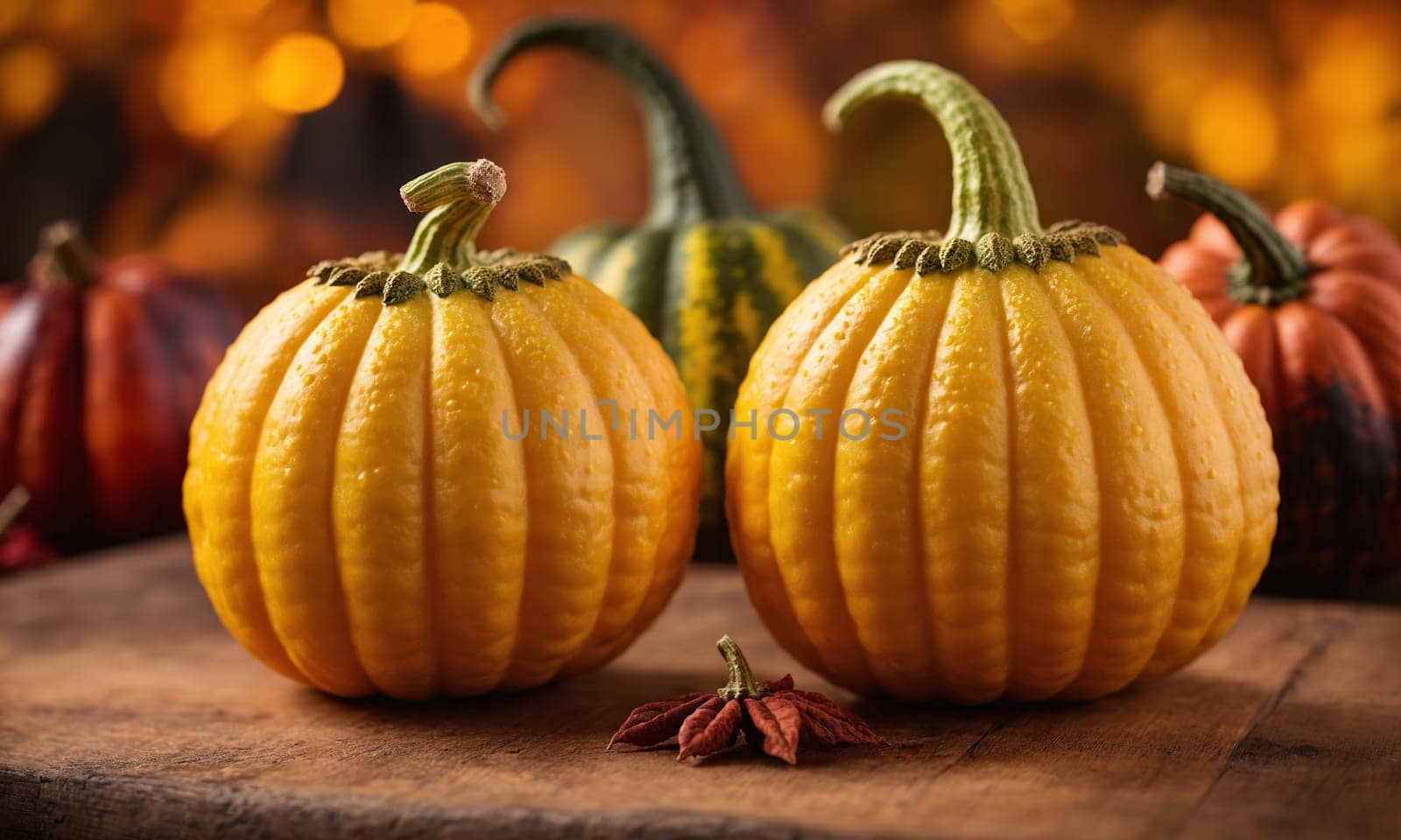 Group of pumpkins, a type of winter squash, sitting on a wooden table by Andre1ns