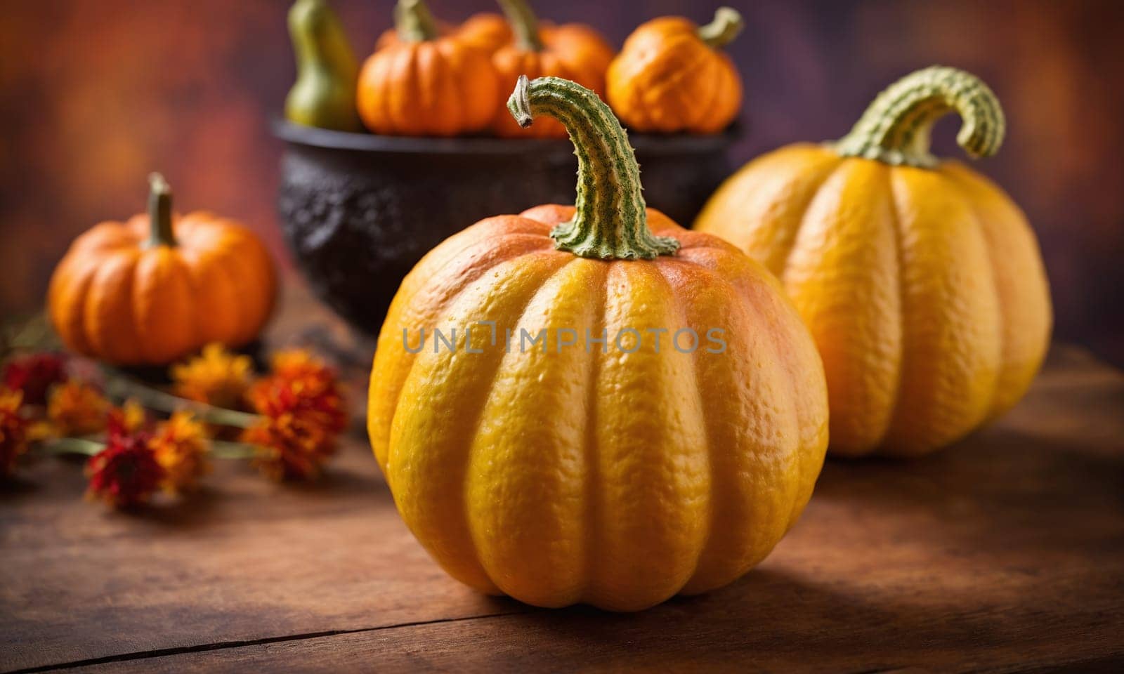 A cluster of ripe pumpkins, also known as calabaza, resting on a rustic wooden table. Considered a staple food, this winter squash is a type of gourd and a whole, natural food