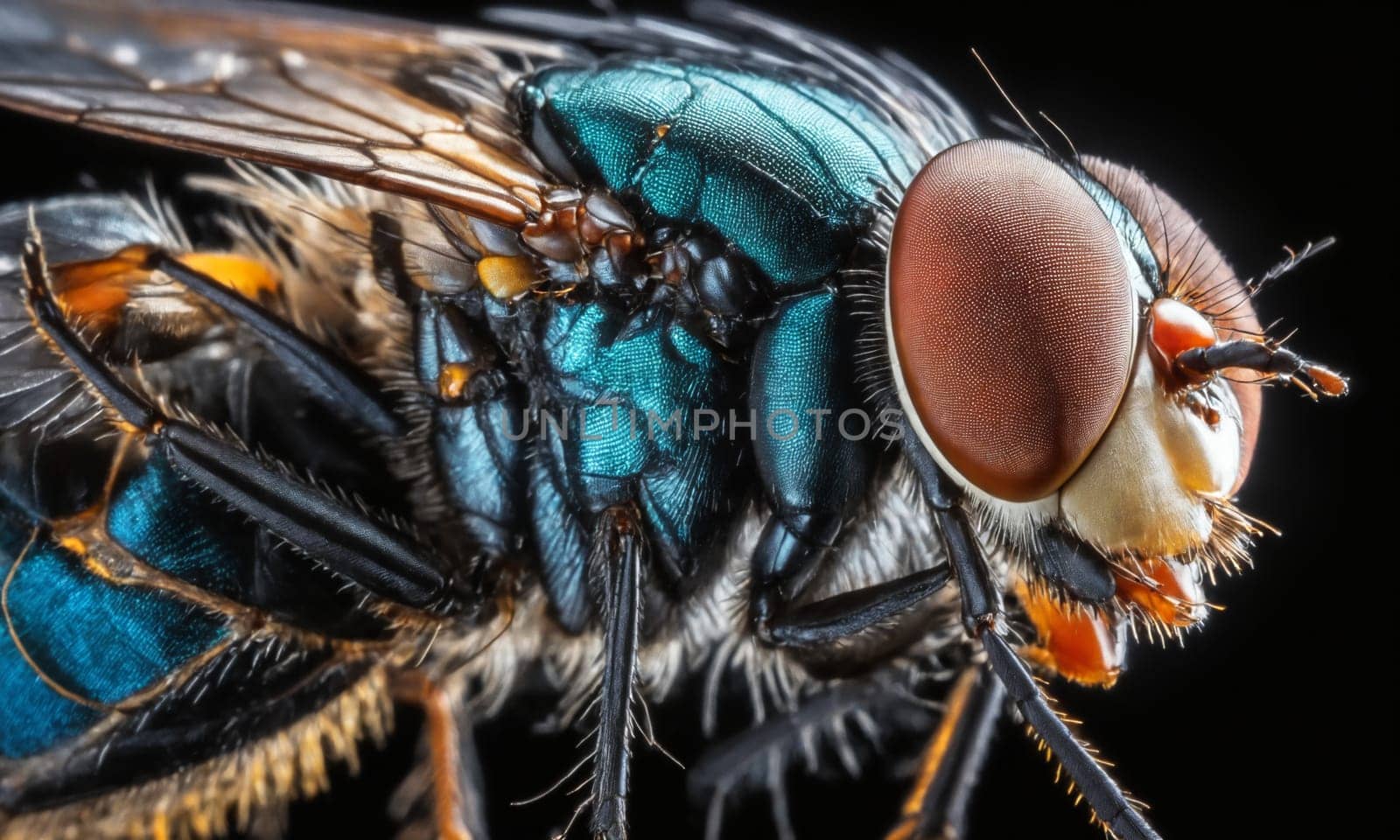 Closeup of an electric blue and orange arthropod on a black background by Andre1ns