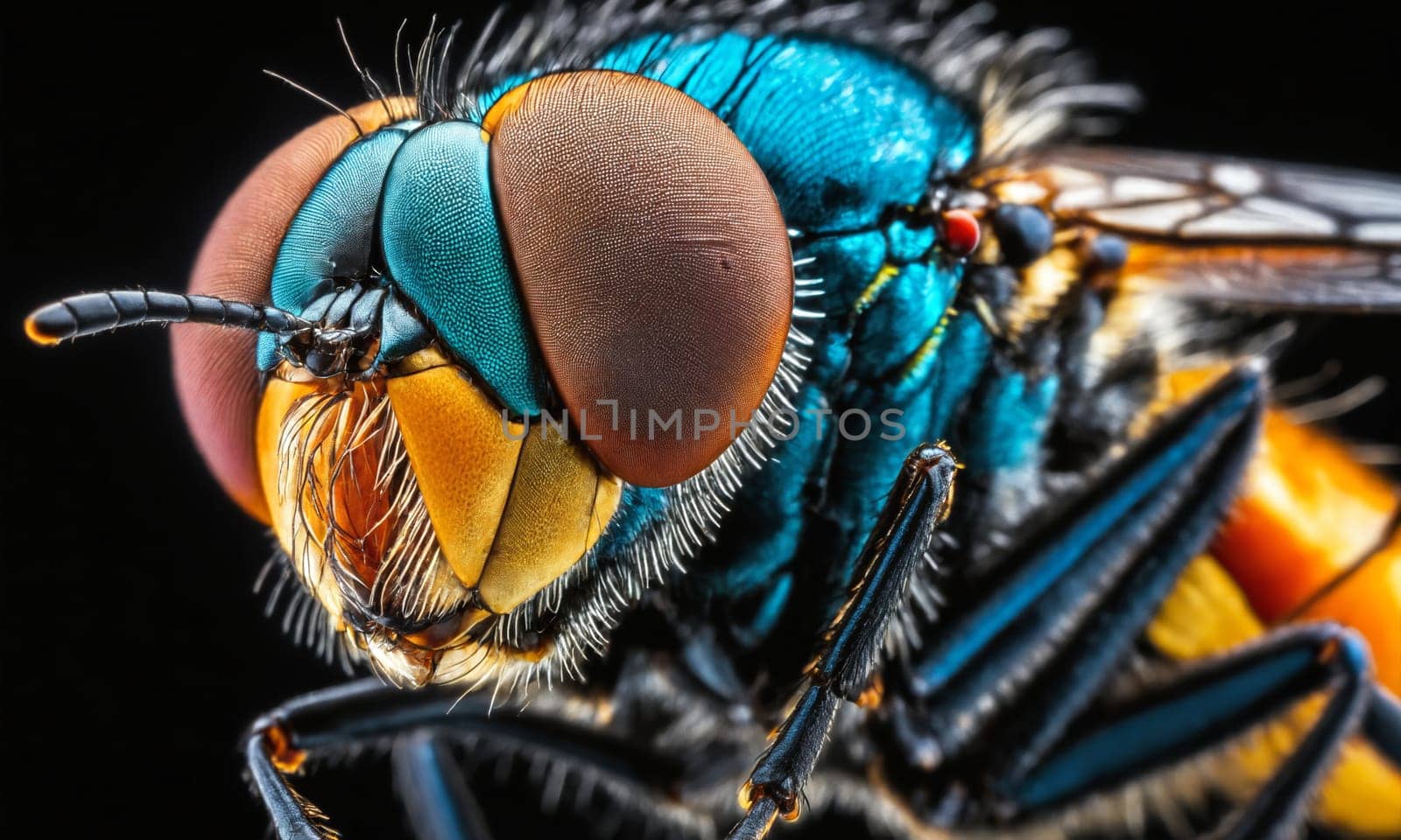 A closeup macro photograph of a house fly, an arthropod insect organism with wings. This invertebrate is a pollinator but can also be considered a pest on a black background