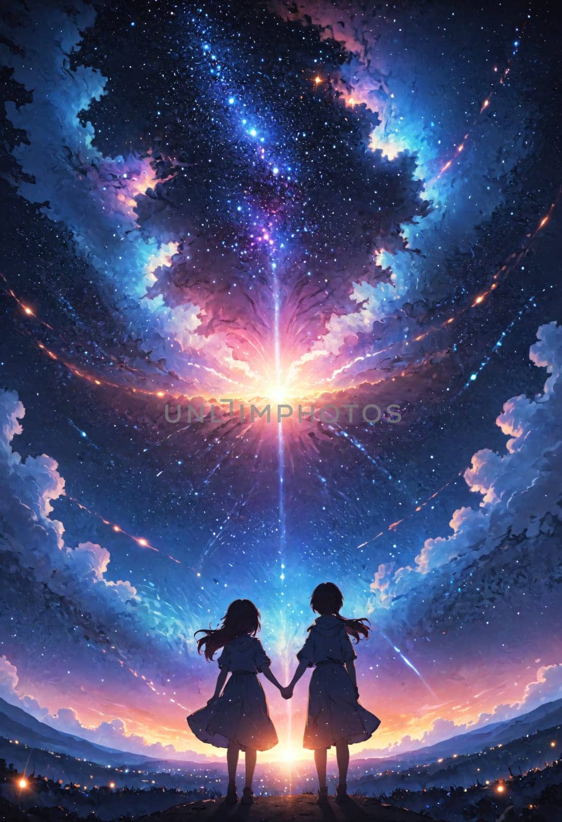 Two young people sharing a romantic moment, holding hands under the vast starry sky. The atmosphere is filled with love and happiness, surrounded by the beauty of nature