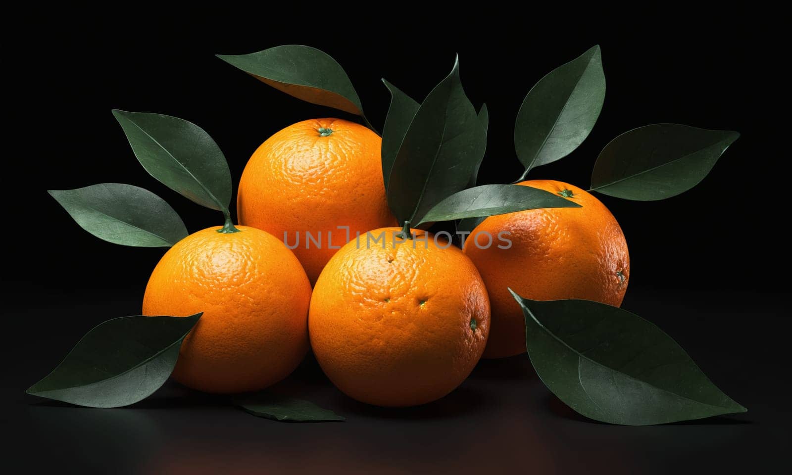 Valencia orange with green leaves, a vibrant contrast on a black background by Andre1ns